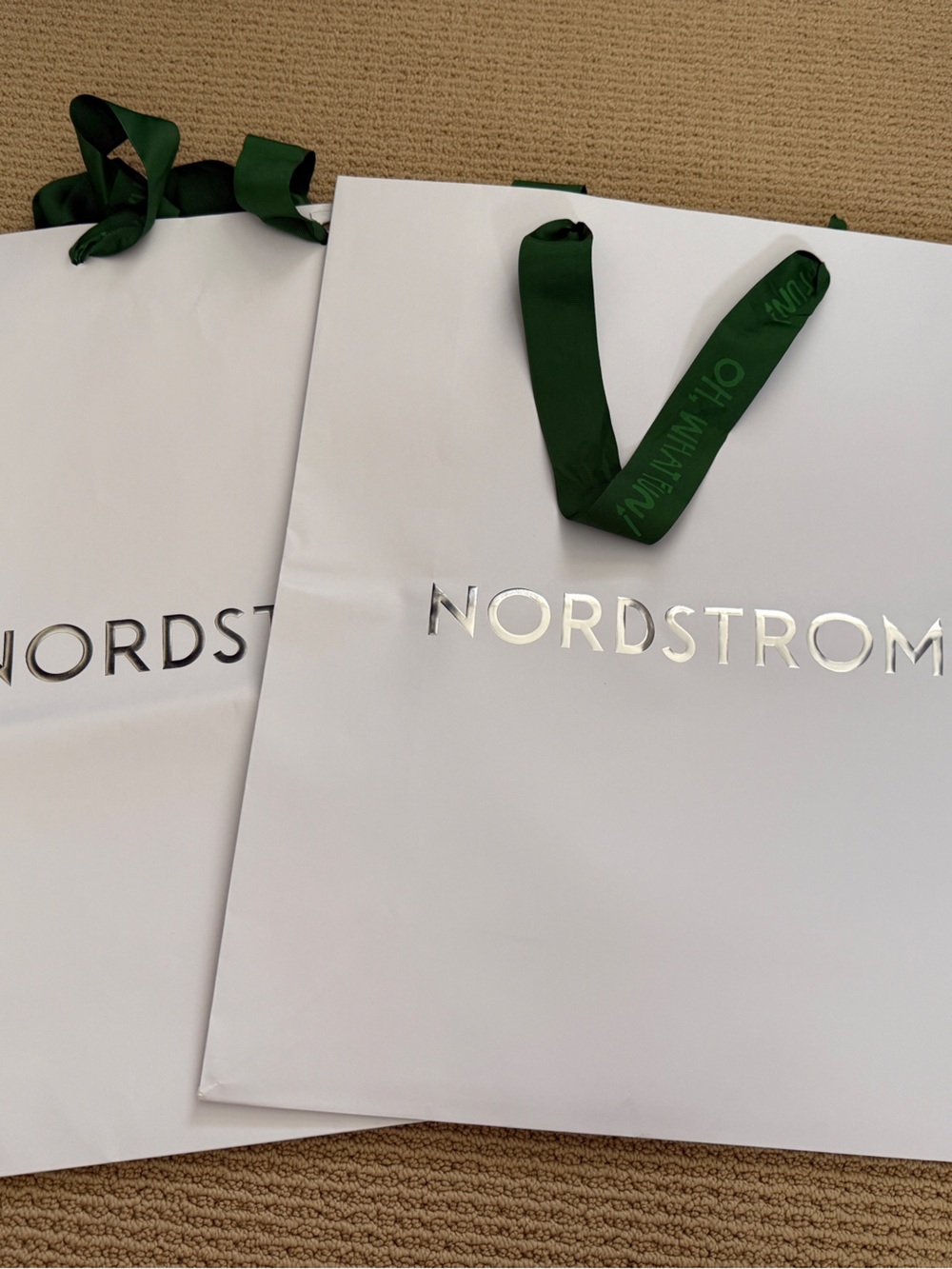 2- Nordstrom White Shopping Tote with Green Ribbon Handles, X-Large ( 16x19)